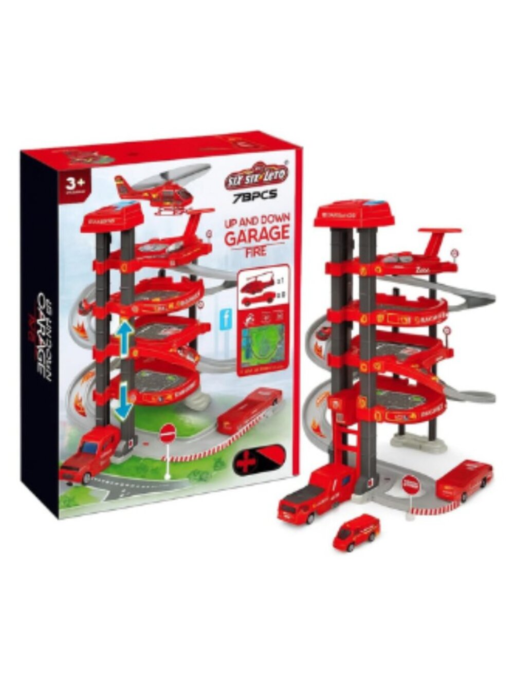 Electronic Fire Station Parking Garage Track Set w Cars Helicopter Sounds Toy